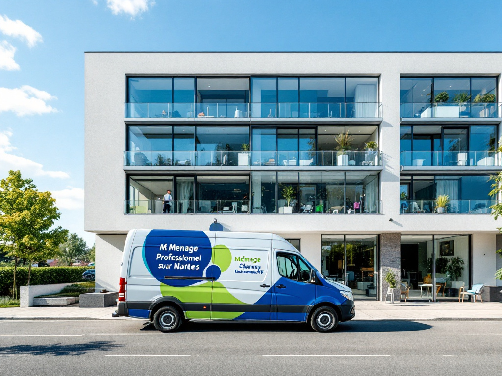 Immeuble avec une camionnette de ménage devant